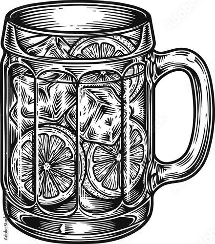 Vintage glass mug filled with ice cubes and lemon slices, refreshing cold drink illustration