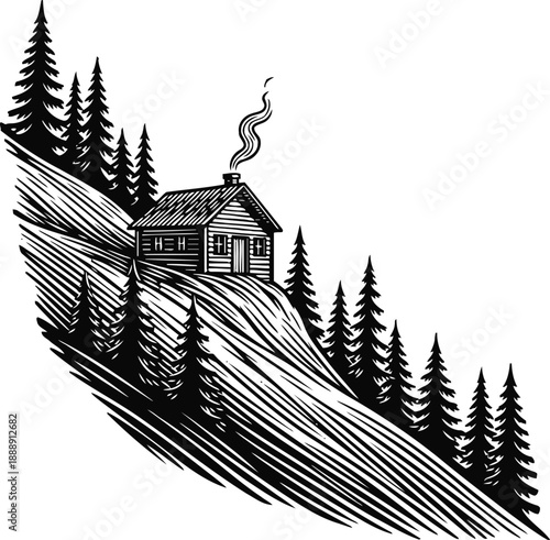 Mountain cabin retreat on forested slope with smoke from chimney, rustic wilderness home illustration