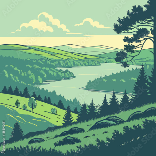 Modern vector artwork of a highland lake on a plateau landscape, emphasizing natural tranquility with a clean, artistic style.