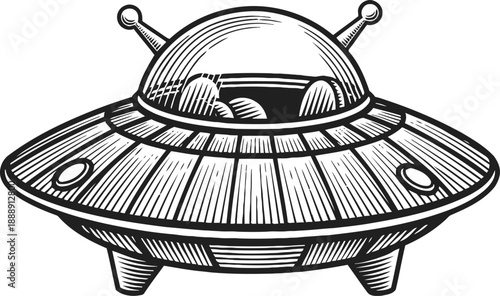 retro flying saucer spaceship illustration with dome cockpit and antennas in vintage