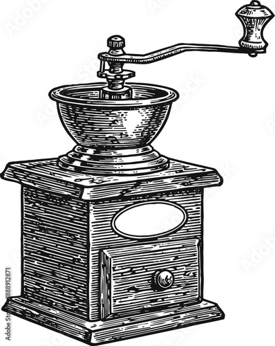 Vintage manual coffee grinder with crank handle and wooden body detailed engraving