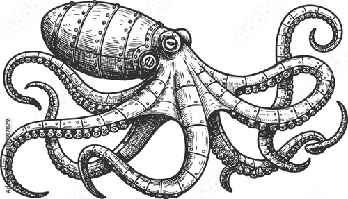 Detailed octopus illustration with textured tentacles and big eyes in vintage engraving