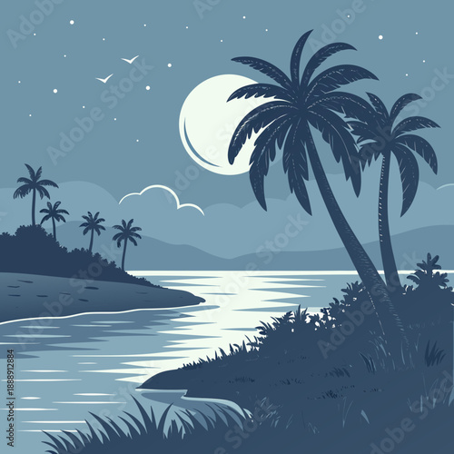 Flat vector art of an island lagoon bathed in moonlight, a serene and magical tropical landscape perfect for dreamy concepts.