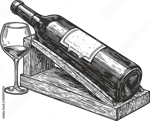 Wine bottle on wooden stand with filled glass, vintage engraved liquor drink illustration