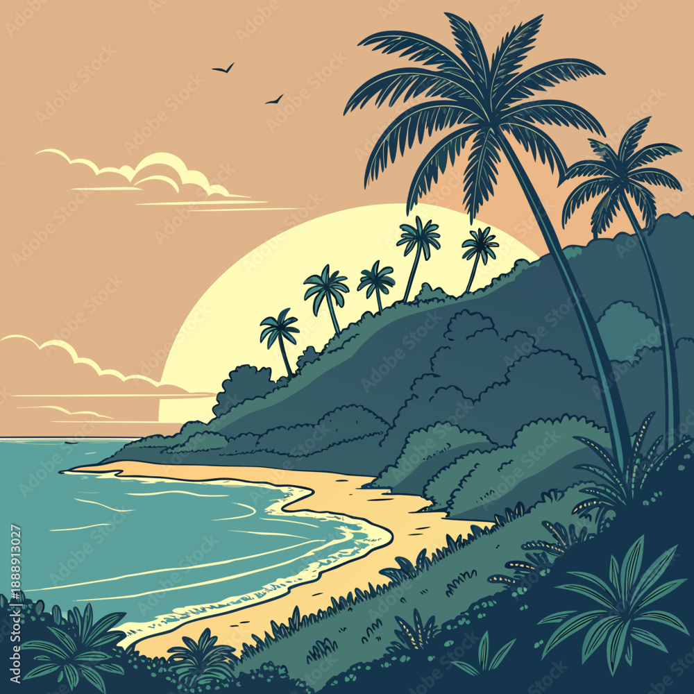 Obraz premium Clean vector illustration of an island shore at sunrise, a minimalist landscape with a tranquil vibe.