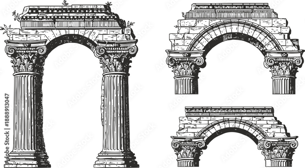 Fototapeta premium ancient roman architectural arches with detailed corinthian columns and stone blocks