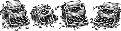 Vintage typewriter illustration set with crumpled paper balls, black and white detailed drawing of classic writing machines