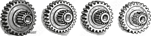 set of four detailed mechanical gears with different sizes and toothed edges in vintage engraving