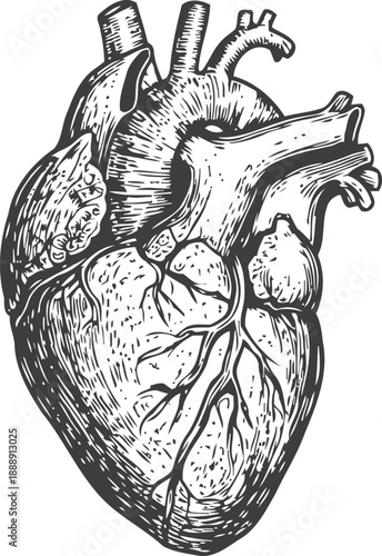 Detailed anatomical heart illustration human cardiovascular organ with arteries and veins vintage medical drawing