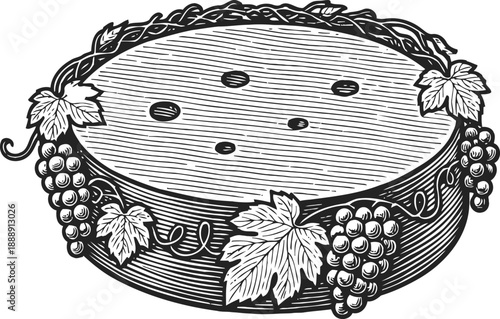 Round cheese wheel decorated with grapevine leaves and grape clusters, detailed vintage engraving