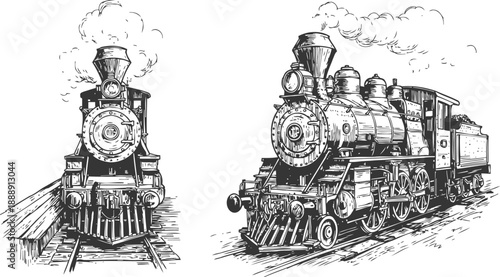 Vintage steam locomotive drawing classic train engine with smoke, detailed wheels and mechanical parts on tracks