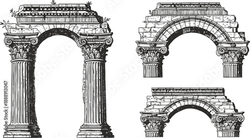ancient roman architectural arches with detailed corinthian columns and stone blocks