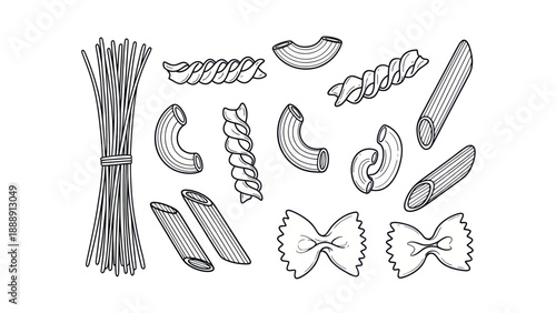 Collection of Hand Drawn Italian Pasta Shapes Variety.