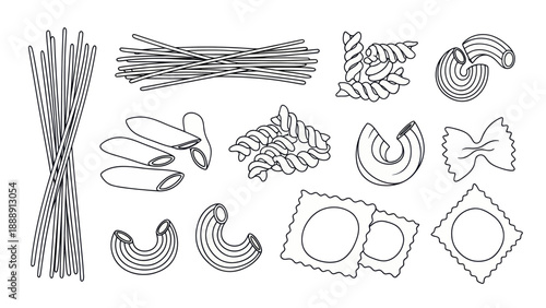 Collection of Hand Drawn Pasta Shapes Variety of Italian Noodles.