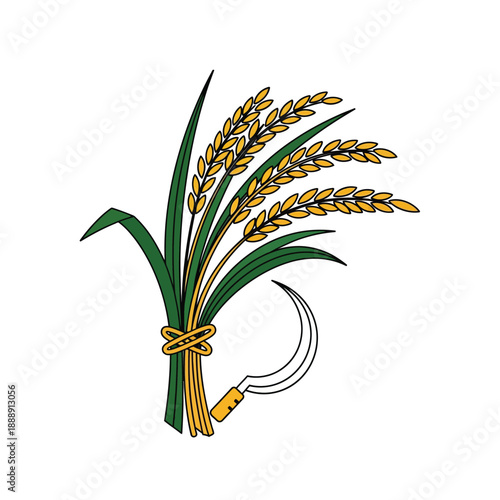 Rice Paddy Sheaf and Sickle Illustration. Agriculture, Harvest, and Food Production Symbol Isolated Vector Graphic.