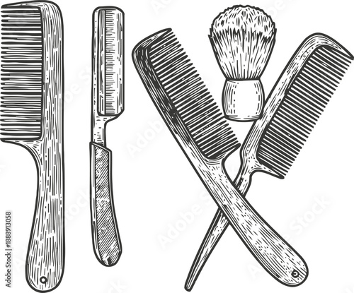 Vintage grooming tools set with combs, straight razor, and shaving brush in hand drawn