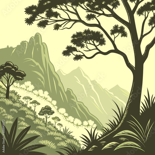 Vector illustration of a jungle edge meeting a mountain, a stylized landscape with vibrant natural elements.