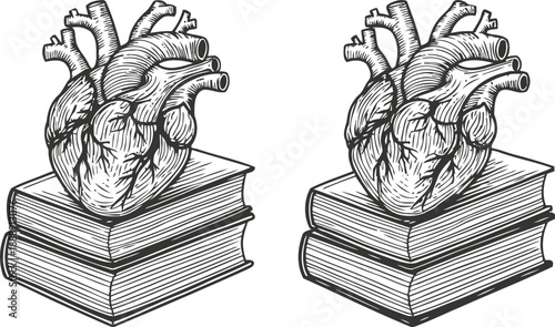 Human heart illustration on stacked books anatomical drawing, education and medical science concept