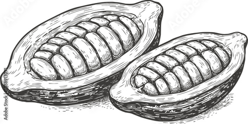Illustration of cacao pods opened showing seeds inside, vintage drawing of cocoa fruit nature food