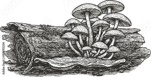 Cluster of wild mushrooms growing on old fallen tree log natural forest fungi illustration in vintage engraving