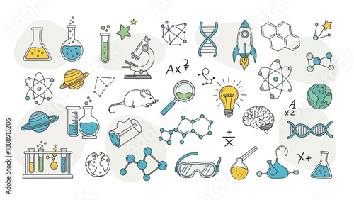 Collection of hand-drawn science and research doodles, including laboratory equipment, molecules, and scientific symbols.