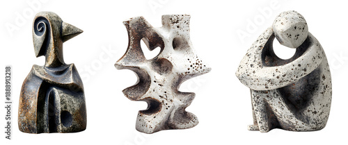 Three abstract stone sculptures isolated on a white or transparent background