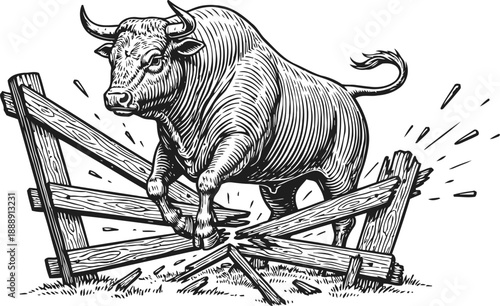 Strong bull jumping over wooden fence breaking it in an energetic dynamic pose