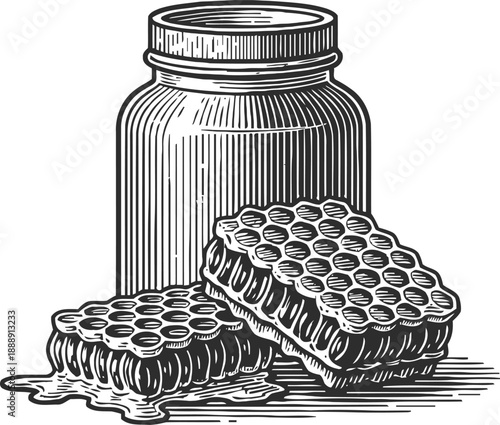 Honey jar with dripping honeycomb pieces natural sweet food with hexagonal beeswax structure