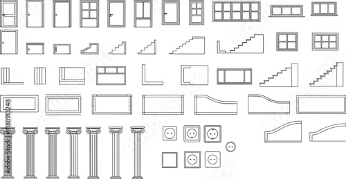 Architectural Blueprint Symbols Set: Doors, Windows, Stairs, and Columns Line Art Vector Icons