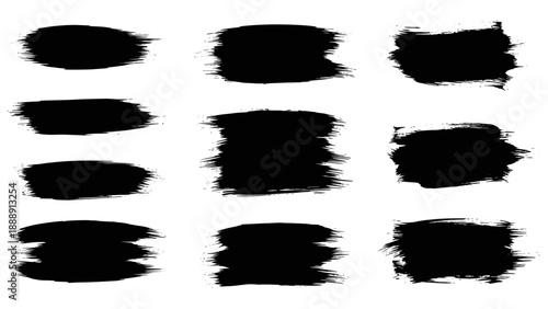 Collection of nine black brush stroke textures and shapes.