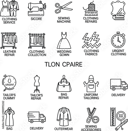 Professional vector icons for tailoring garment repair sewing machine clothing alterations and fashion atelier branding.