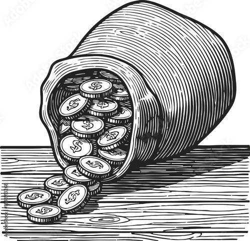 Vintage drawing of a clay pot with overflowing coins spilling on wooden surface, symbolizing wealth and savings
