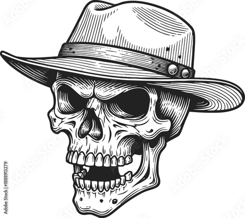 Detailed pencil drawing of a skull wearing a wide brimmed hat with metal studs