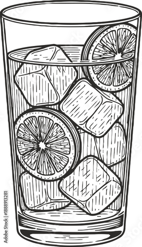 Glass of iced lemon water with citrus slices and ice cubes, refreshing summer drink illustration