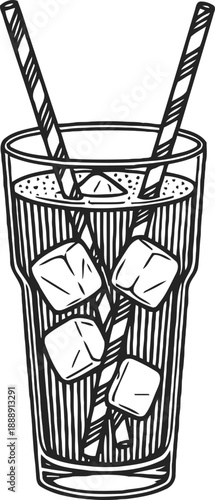 Cold refreshing drink with ice cubes and two straws in a tall glass