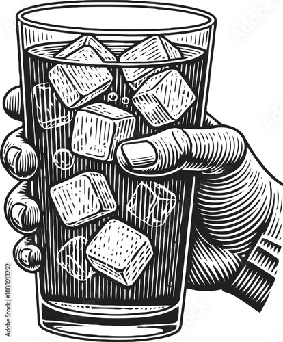 Hand holding glass filled with ice cubes and cold beverage, detailed black and white engraving
