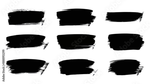Collection of nine black brush stroke textures for graphic design elements.