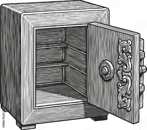 Vintage open safe with ornate decoration and shelves, classic security box illustration