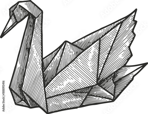 Intricate origami swan illustration in black and white with detailed shading and folded paper texture