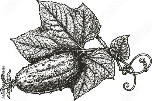 Detailed vintage cucumber illustration with leaves and tendrils botanical engraving