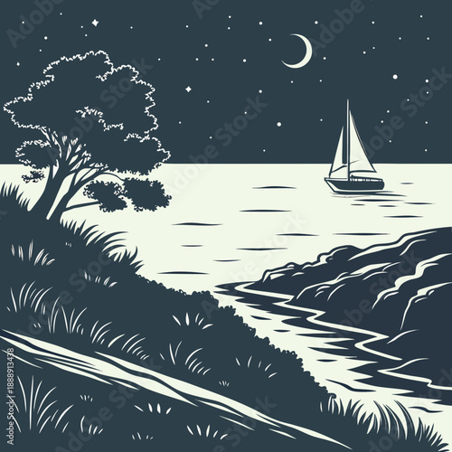 Modern vector illustration of a dark ocean horizon at night, featuring a subtle moonlit sky, creating a mysterious and calm nocturnal mood.