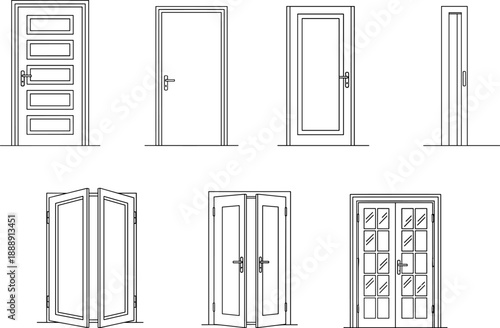 Door Vector Icons Set, Minimalist Line Art House Entrance and Interior Door Designs, Flat Illustration