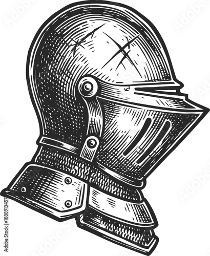 Medieval knight helmet engraving vintage armor head protection historical metal casque drawing