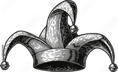 Classic jester hat with bells vintage carnival costume accessory illustration in black and white design