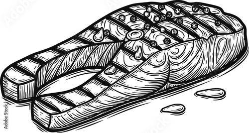 Grilled salmon steak with herbs and oil drops, hand drawn seafood illustration