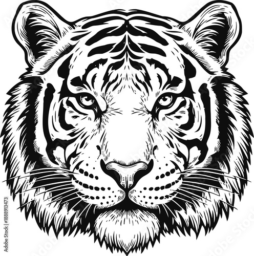 Detailed black and white tiger head illustration with fierce eyes and bold facial stripes