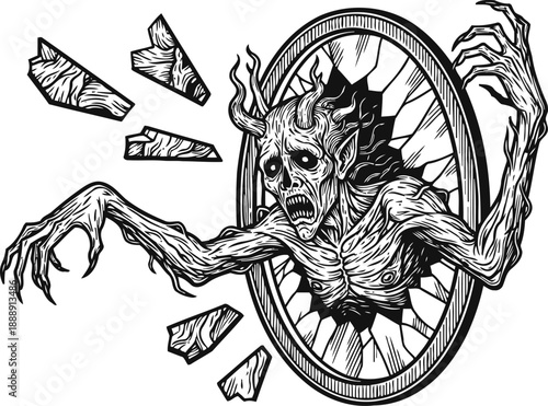 demonic creature breaking through shattered mirror with terrifying expression and long claws