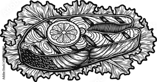grilled salmon steak with lemon slice on lettuce leaves, hand drawn seafood dish illustration