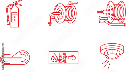 Fire Safety and Emergency Equipment Icon Set, Industrial Protection Line Art Vector Illustration