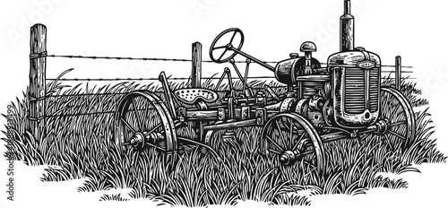 Vintage tractor abandoned in tall grass near barbed wire fence farm machinery old countryside scene
